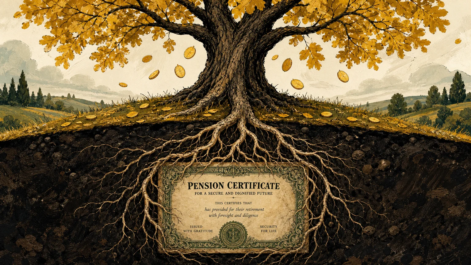 Editorial illustration of an oak tree growing from a buried pension certificate, with golden leaves falling.