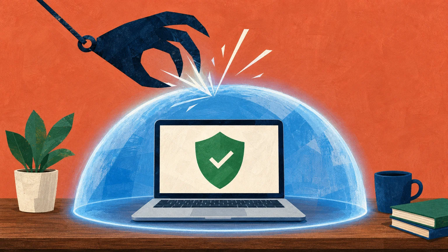 Gouache illustration of a laptop protected by a translucent blue shield from a dark hovering claw.