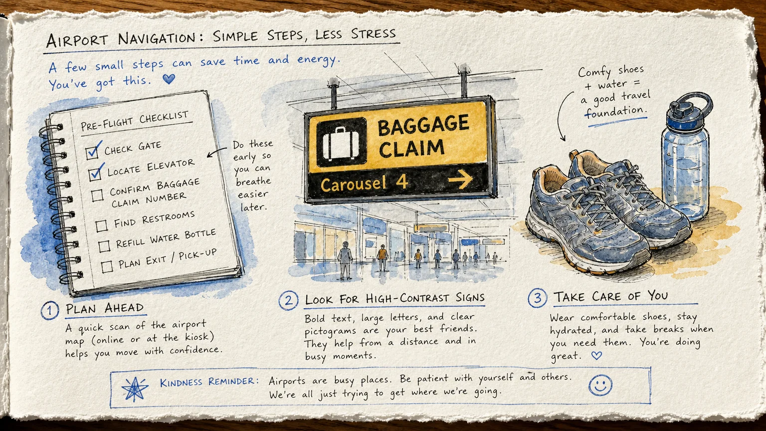 Hand-drawn watercolor sketches of a travel checklist, comfortable shoes, and airport signs.