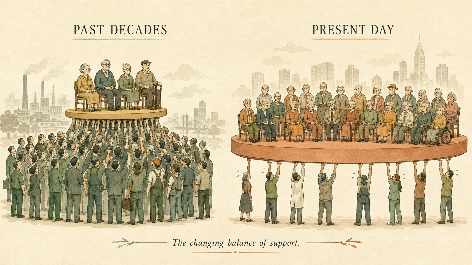 Ink and watercolor editorial illustration showing the shifting worker-to-retiree demographic balance over time.
