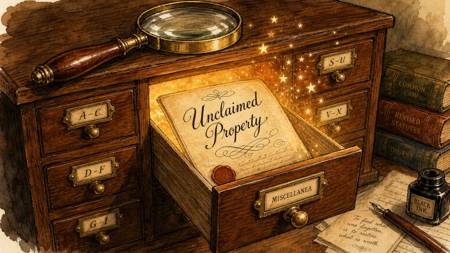 Ink and watercolor illustration of a magnifying glass over a card catalog drawer glowing with golden light.