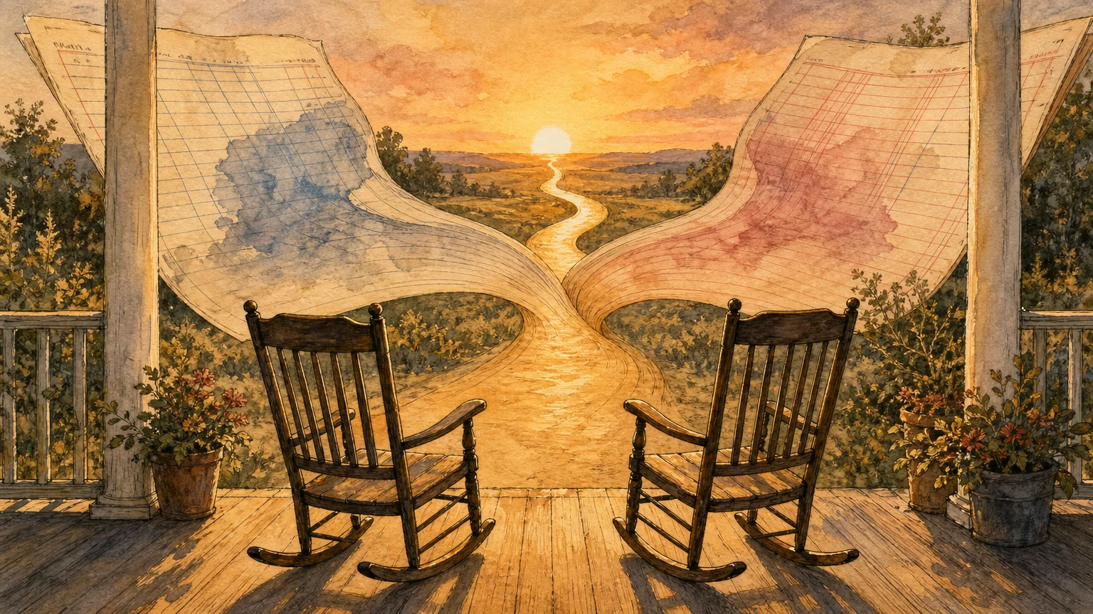 Ink and watercolor illustration of two vintage ledger sheets merging into a golden pathway toward a sunrise.