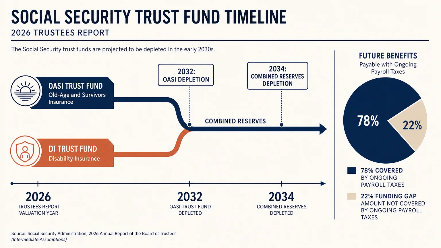 Minimalist data visualization showing the OASI and DI trust fund depletion timelines and future benefit coverage.
