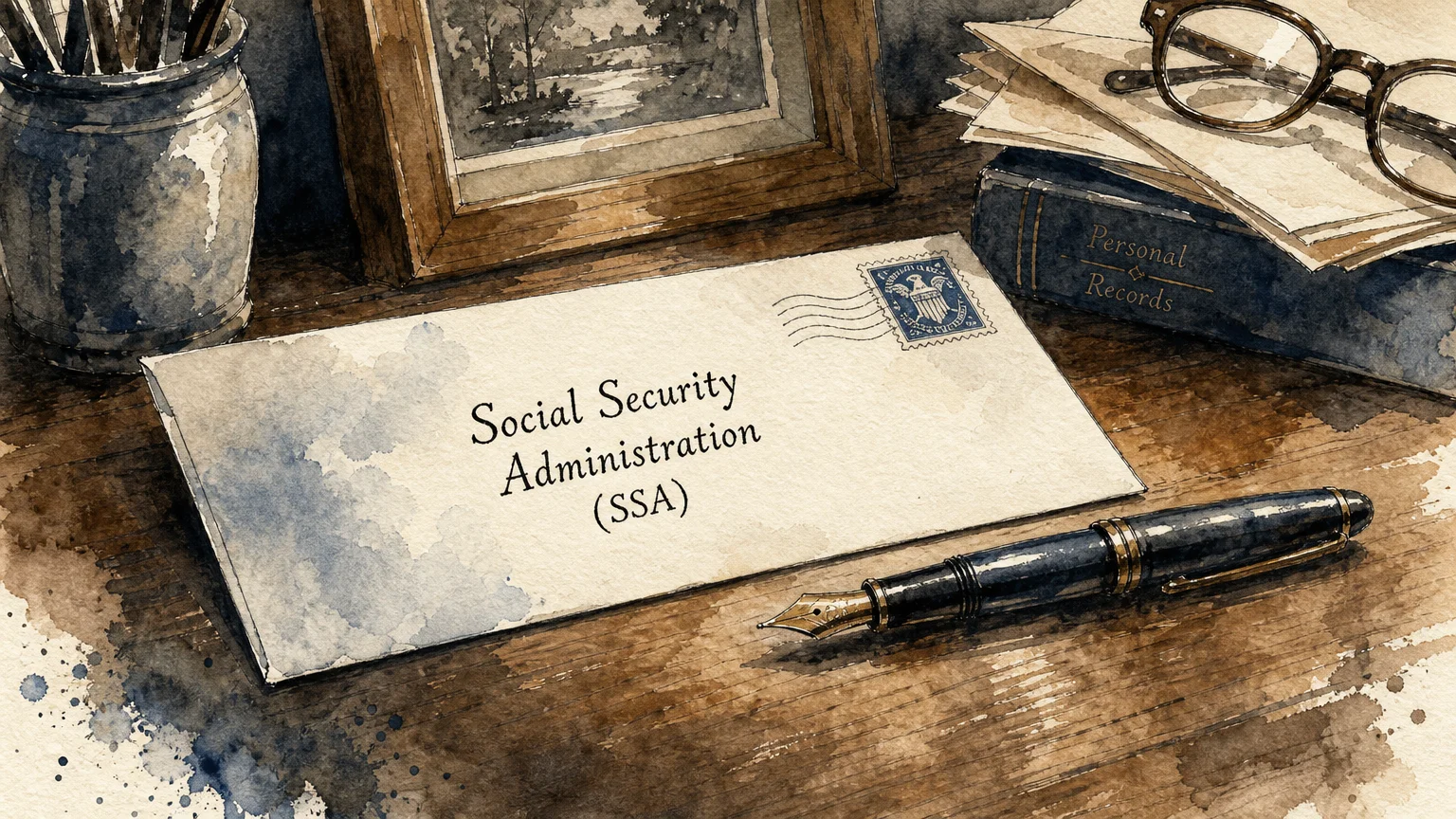 Watercolor illustration of a Social Security Administration envelope and a fountain pen on a desk.