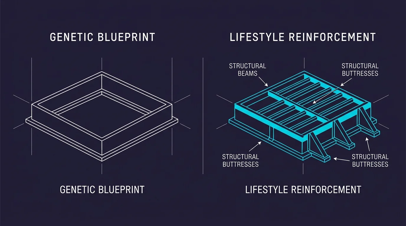 A blueprint diagram comparing a basic genetic foundation with strong lifestyle reinforcement structures, highlighting brain resilience.