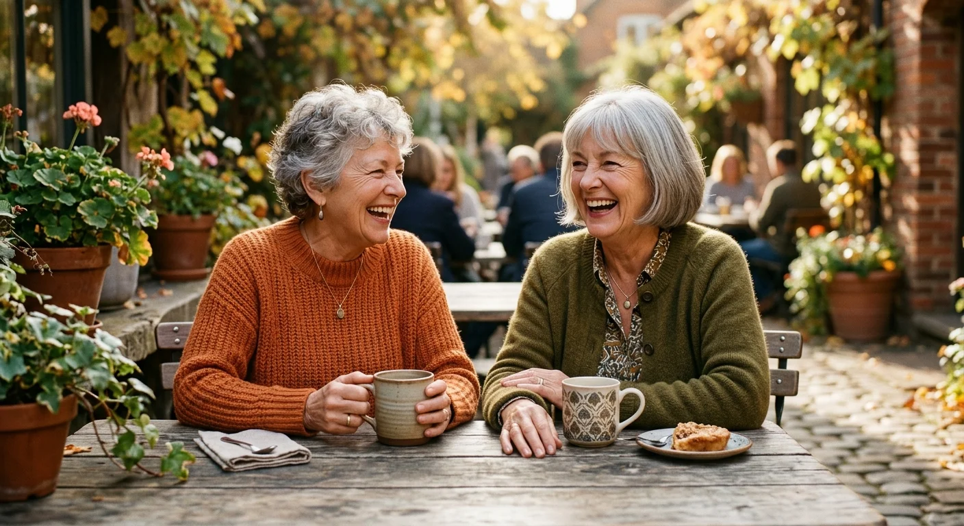 A candid 35mm film photograph of two older women laughing warmly over coffee at an outdoor cafe, enjoying social connection.