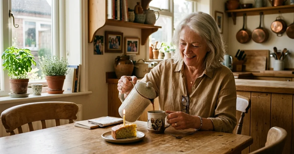 A candid photo of a 65-year-old woman enjoying a quiet birthday morning at her sunlit kitchen table with coffee and cake.