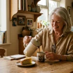 A candid photo of a 65-year-old woman enjoying a quiet birthday morning at her sunlit kitchen table with coffee and cake.
