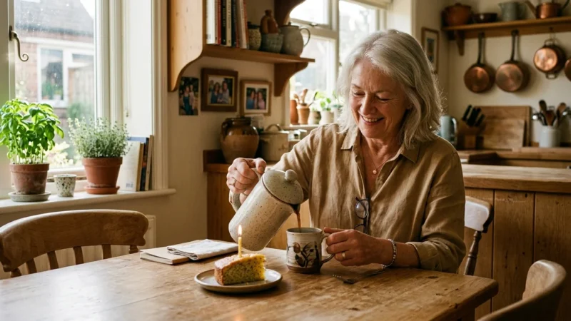 A candid photo of a 65-year-old woman enjoying a quiet birthday morning at her sunlit kitchen table with coffee and cake.