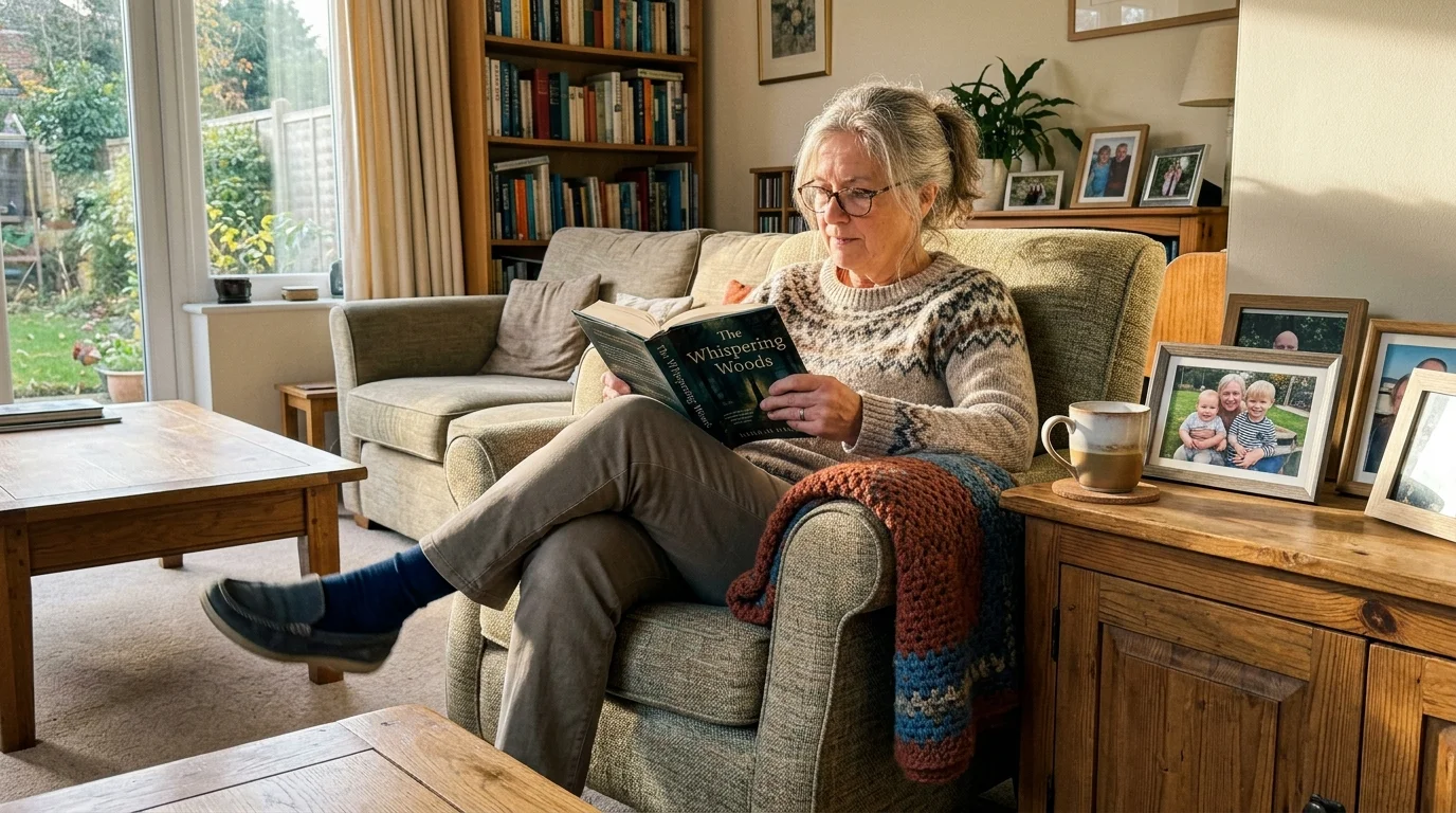 A candid photo of a senior woman sitting in an armchair with her foot blurred in motion, showing the urge to move.