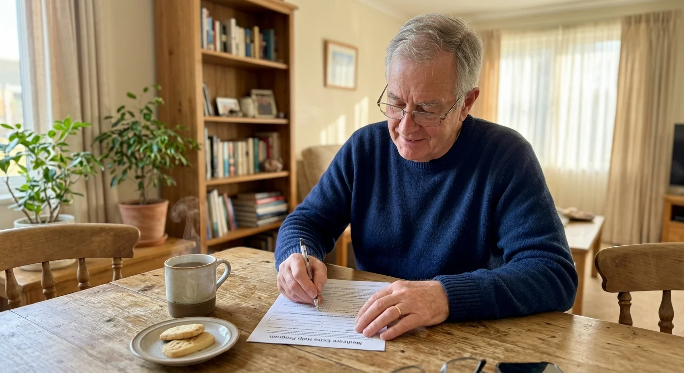 A candid photograph of an older man filling out a Medicare Extra Help application at his cozy wooden dining table.