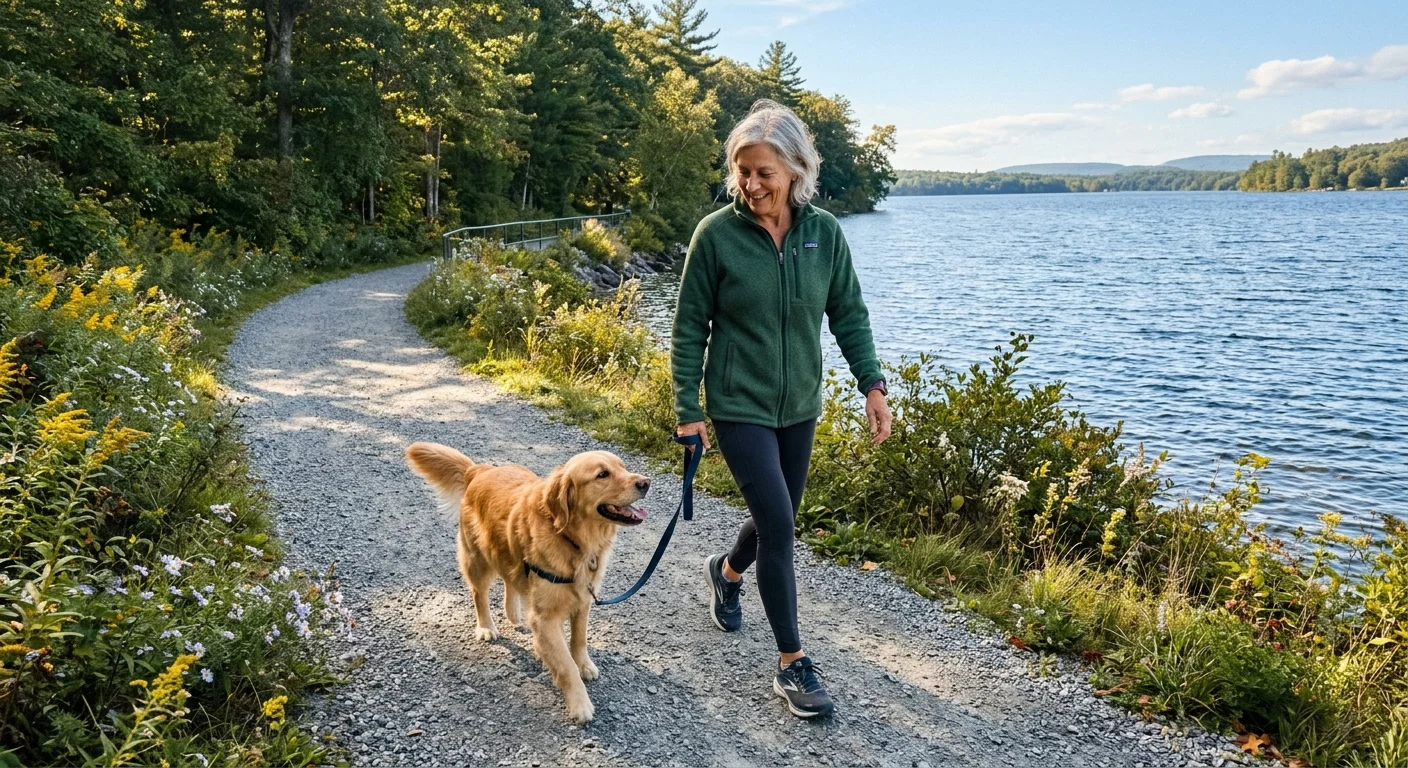 A candid smartphone-style photo of an older woman walking her golden retriever along a sunny gravel path by a lake.