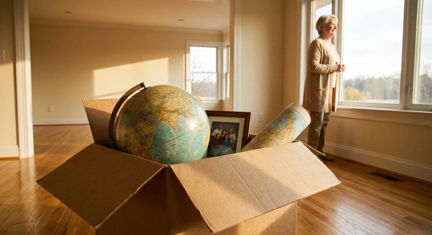 A cardboard moving box with a globe and map inside sits in a sunlit living room, as a retired woman looks out the window in the background.