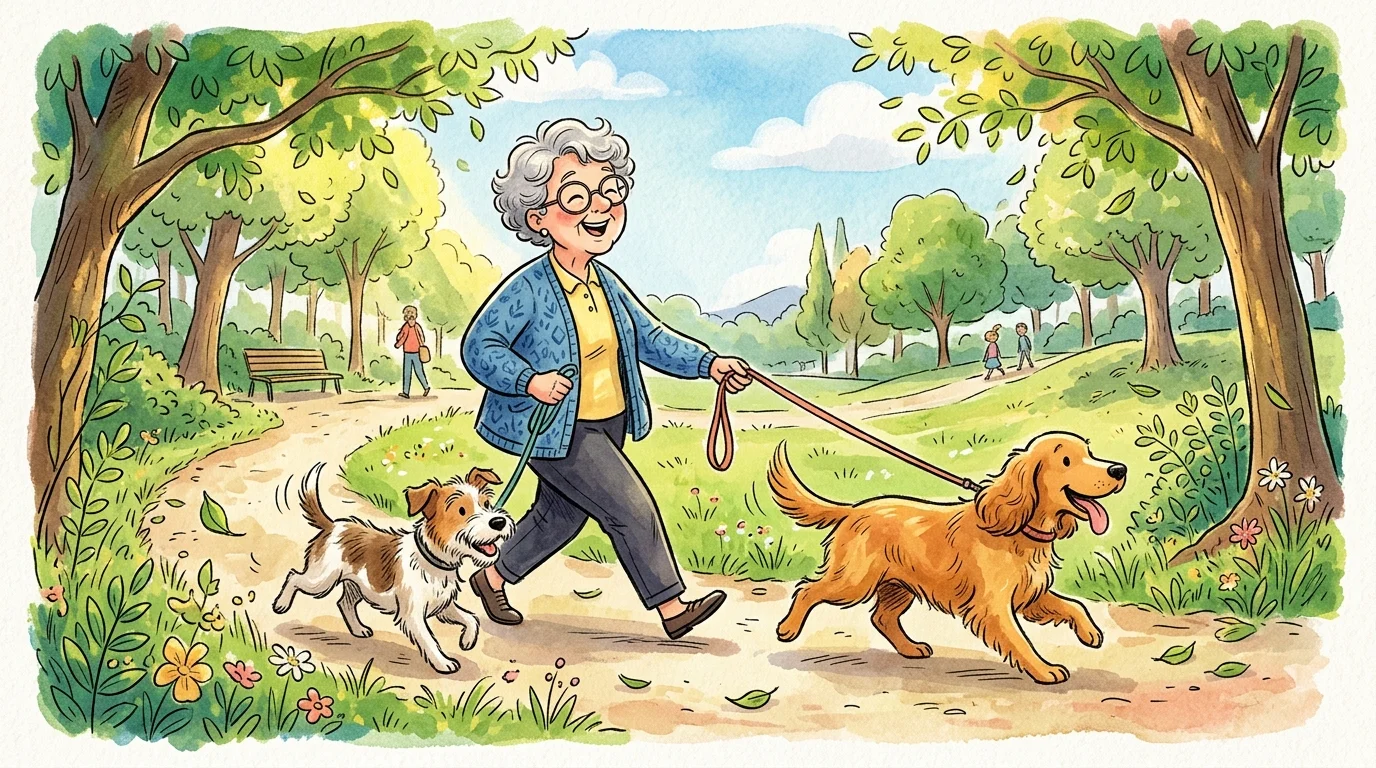 A cheerful ink and watercolor drawing of an older woman walking two happy dogs down a sunny park path.