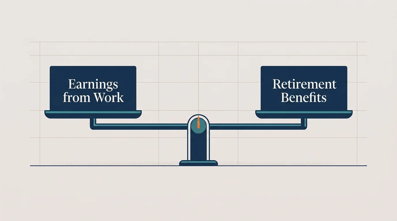 A clean, balanced scale infographic showing 'Earnings from Work' perfectly level with 'Retirement Benefits'.