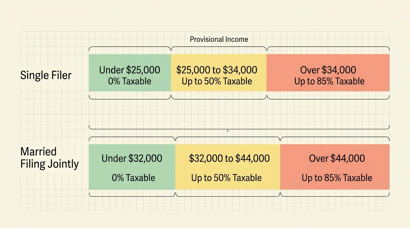 A clean horizontal diagram showing the provisional income tax thresholds for single and married filers.