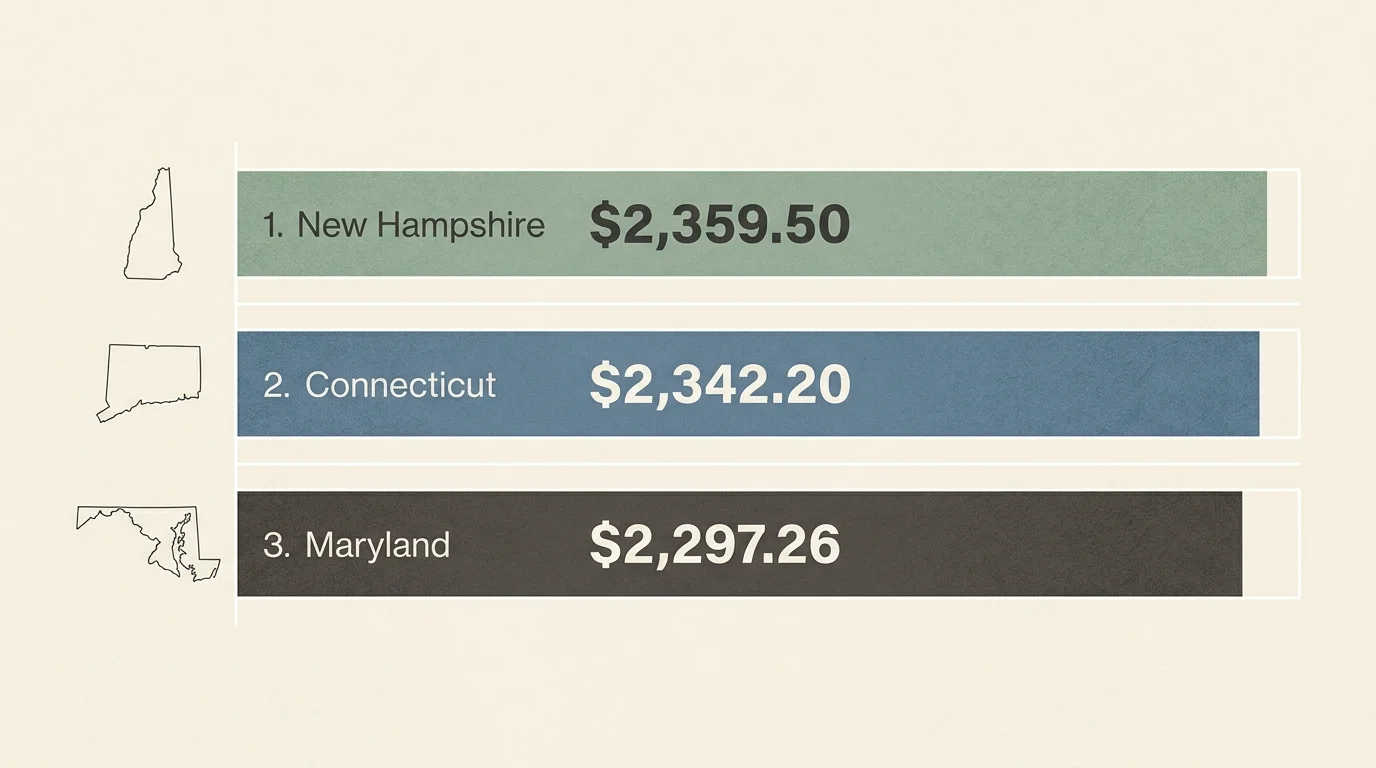 A clean horizontal infographic showing the top three states for Social Security benefits: New Hampshire, Connecticut, and Maryland.