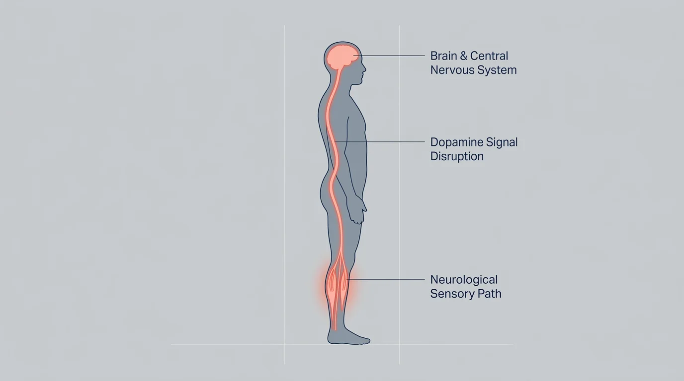 A clean medical diagram tracing the neurological pathway of Restless Leg Syndrome from the brain to the lower legs.