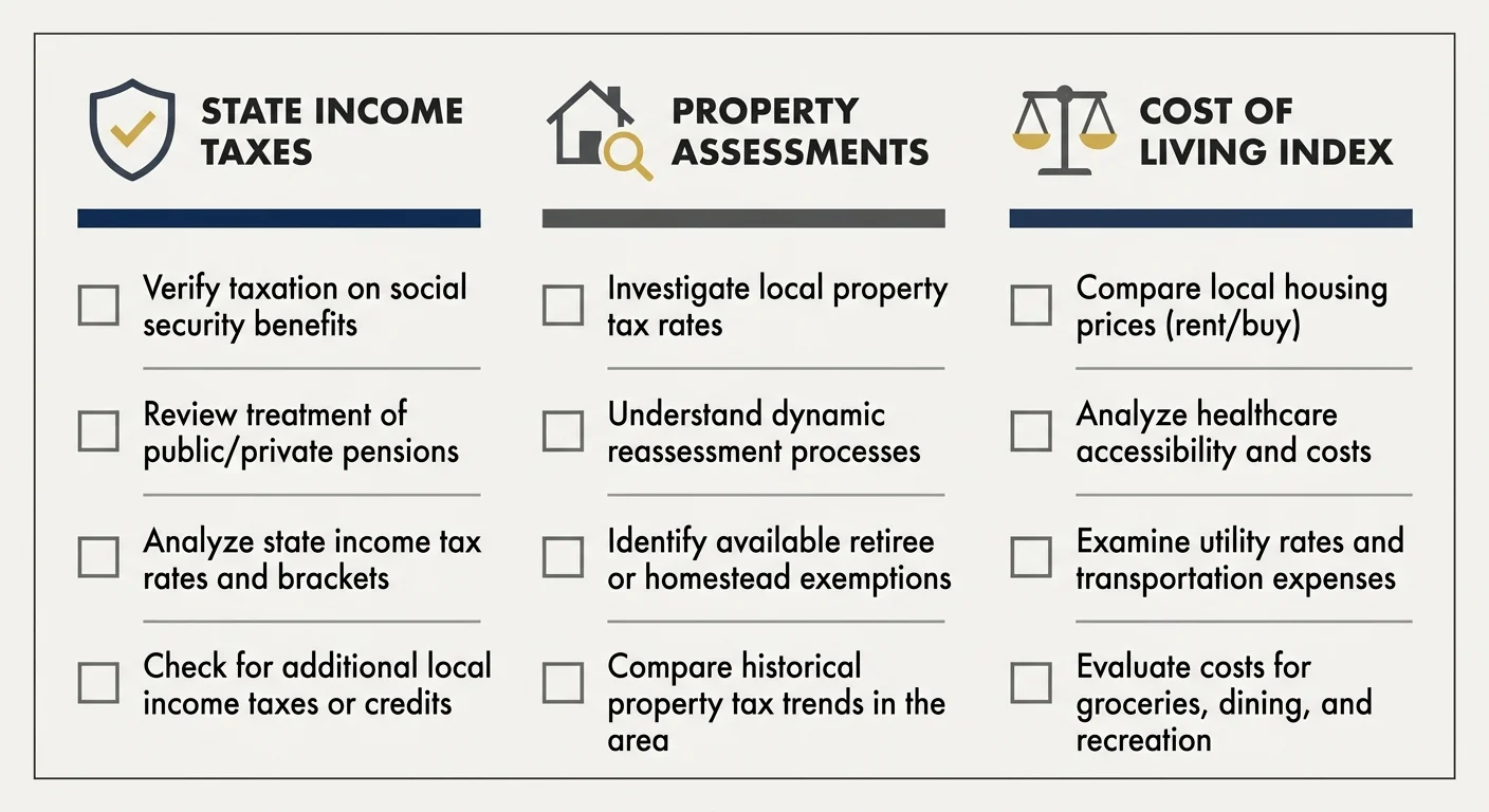 A clean, minimalist infographic checklist outlining key financial factors like state taxes, property assessments, and cost of living.