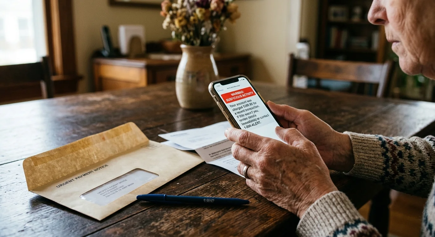 A close-up of a senior's hands holding a smartphone displaying an alert notification next to an open envelope on a table.
