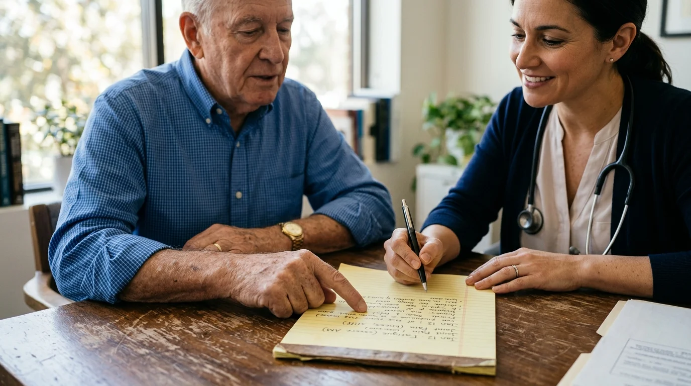A close-up photo of a senior pointing to a handwritten list of symptoms while consulting with an empathetic doctor.