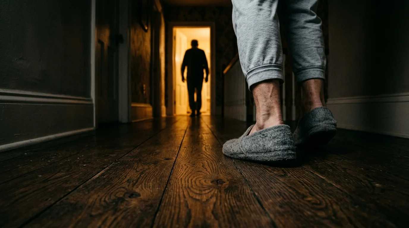 A close-up photo of a senior's feet in slippers walking down a dimly lit hallway at night to find relief from leg symptoms.
