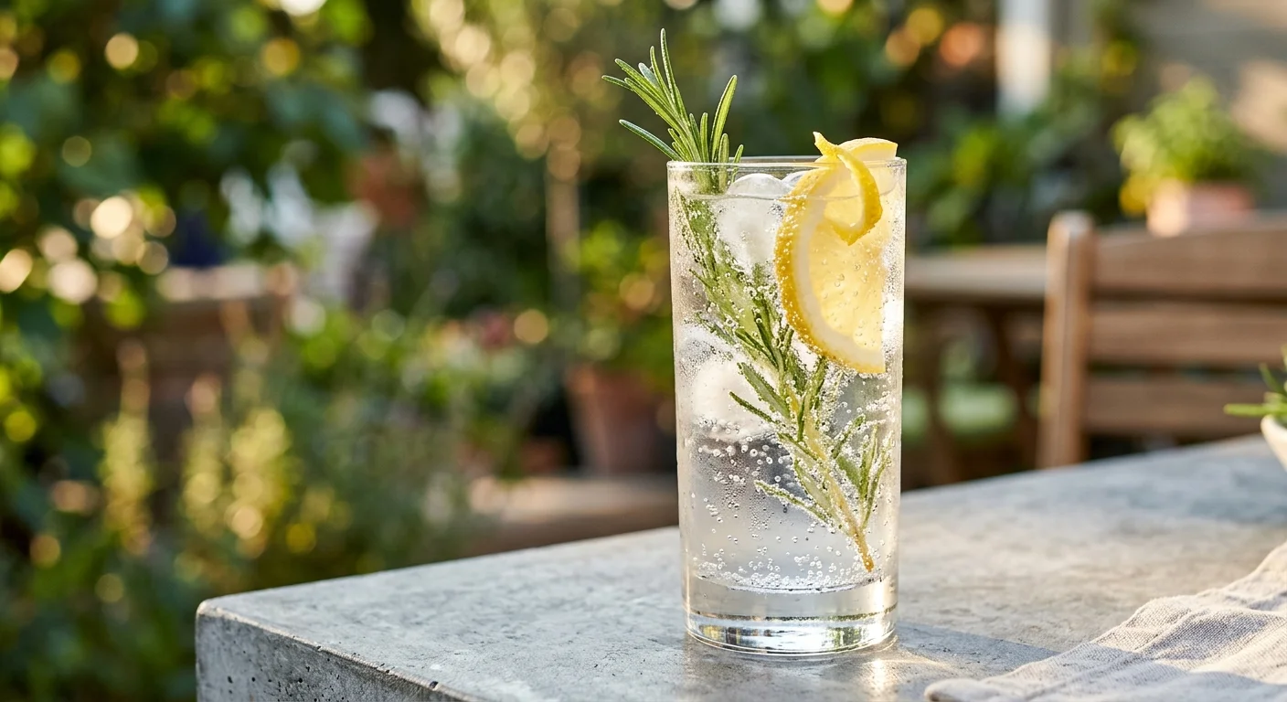 A close-up photograph of a refreshing sparkling water mocktail with rosemary and lemon, representing a clean, alcohol-free alternative.