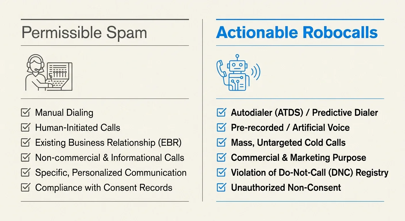 A comparative diagram with two columns distinguishing permissible manual spam calls from actionable illegal autodialer calls.
