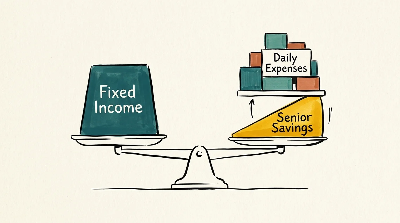 A conceptual gouache illustration showing a scale perfectly balanced by a golden wedge labeled Senior Savings counteracting expenses.