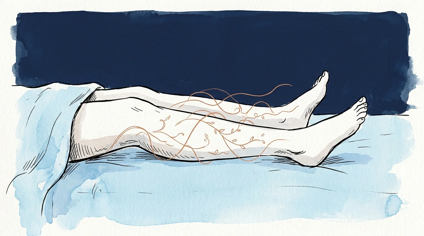 A conceptual illustration of legs with glowing, twisting copper threads beneath the skin, representing a pulling sensation.