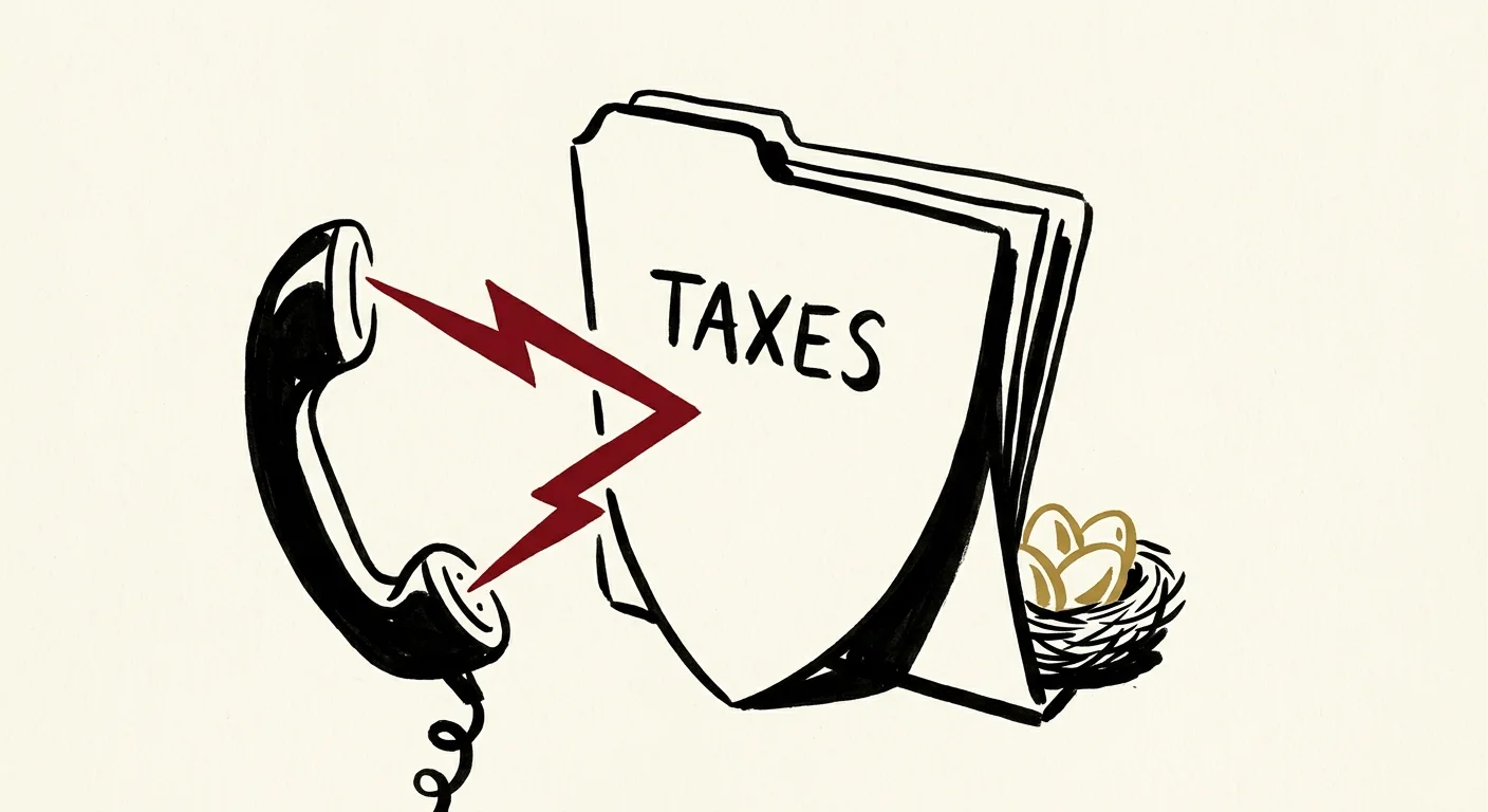 A conceptual ink illustration of a tax form shield protecting a nest egg of golden eggs from a red lightning bolt.