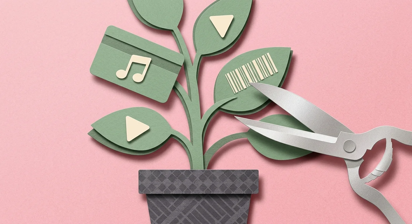 A cut-paper collage showing garden shears trimming card-shaped leaves from a stylized green houseplant.