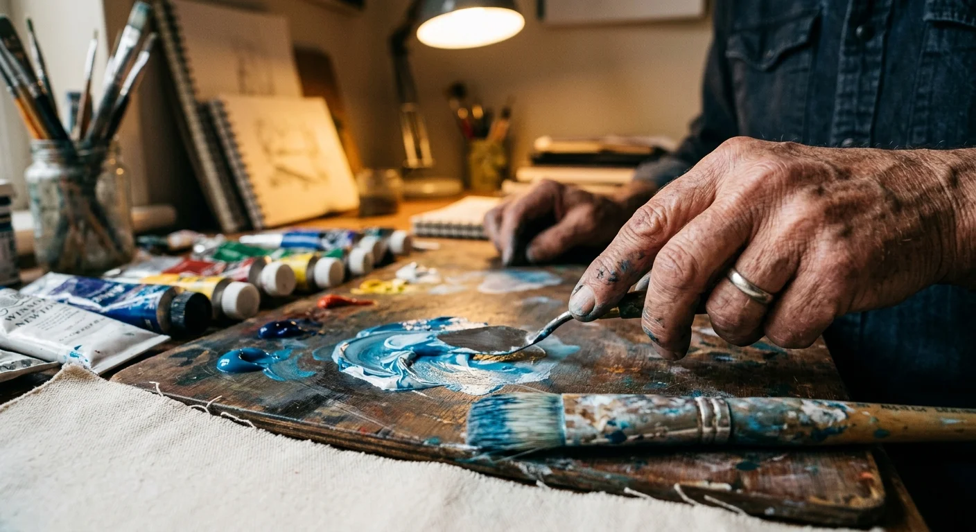A detailed macro photo of an older artist's textured hands mixing blue paint on a wooden palette in a warm studio.
