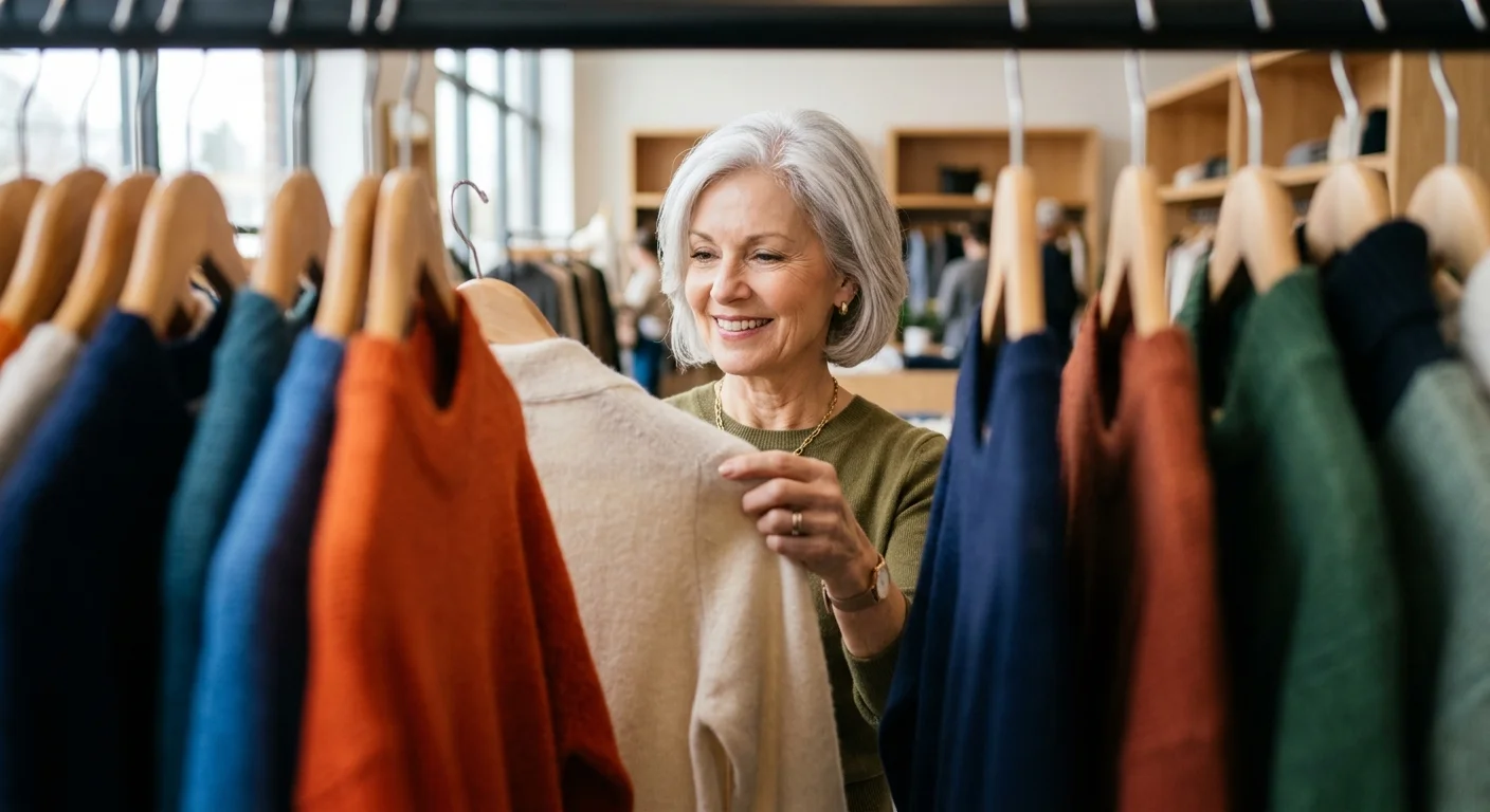 A DSLR photo of an older silver-haired woman smiling as she browses a rack of colorful knit sweaters in a brightly lit clothing store.