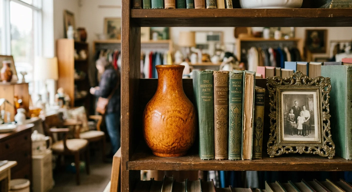 A DSLR photo of unique vintage items including a ceramic vase and old books on a wooden shelf in a thrift store.