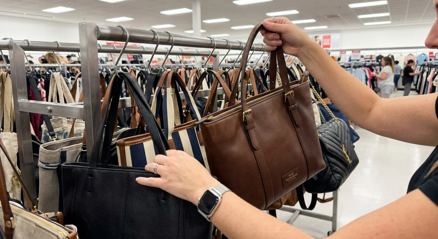 A first-person perspective photo of hands browsing a rack of leather and canvas handbags in a brightly lit retail store.