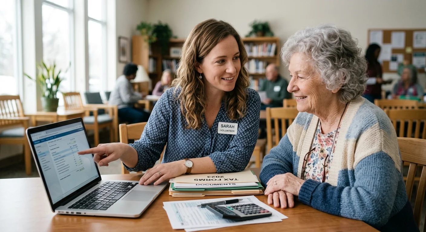 A friendly volunteer helping an older woman with her tax return on a laptop in a bright community center.
