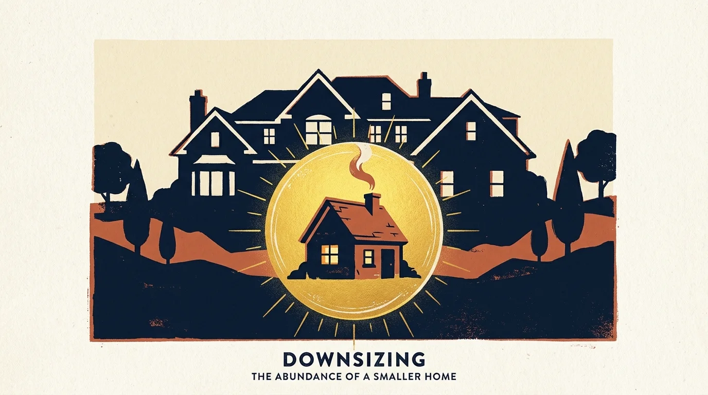 A graphic screenprint showing a large house silhouette behind a smaller, sunlit cottage representing a cozy home downsize.