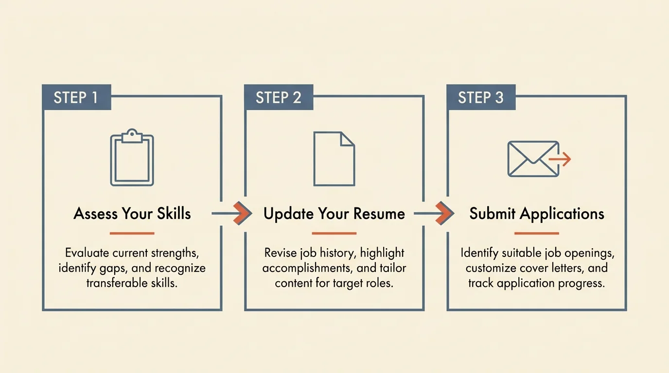 A horizontal 3-step infographic showing the steps: Assess Your Skills, Update Your Resume, and Submit Applications.
