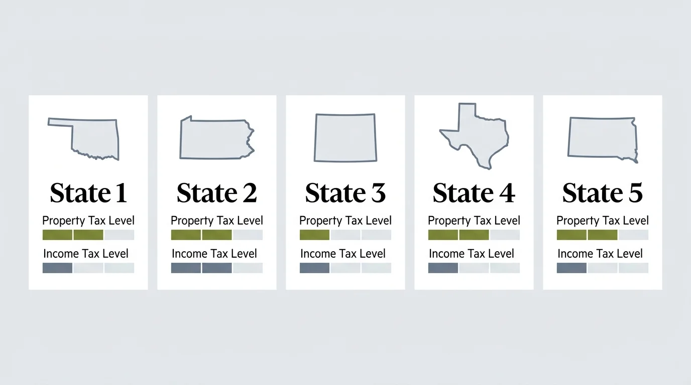 A horizontal infographic showing five clean cards comparing the tax levels of the top five retiree-friendly states.