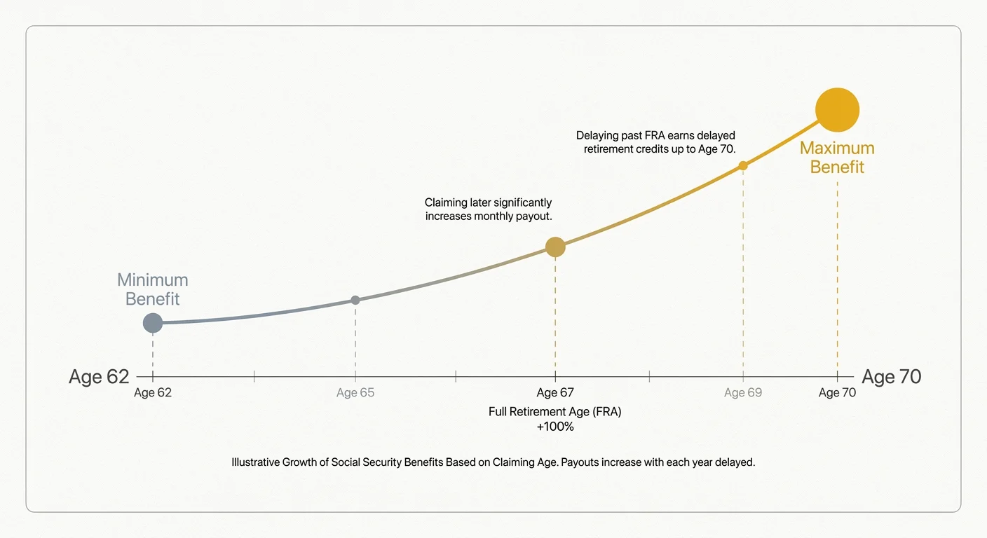 A horizontal timeline diagram showing the increase in Social Security benefits when delaying claims from Age 62 to Age 70.