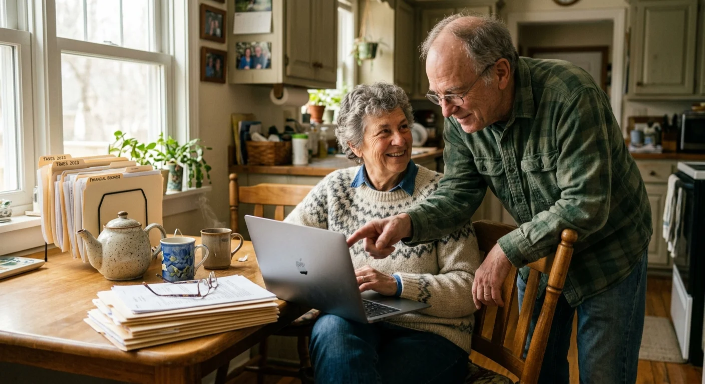 A husband and wife looking over a laptop together in a warm, cozy breakfast nook, reviewing their joint savings plan.
