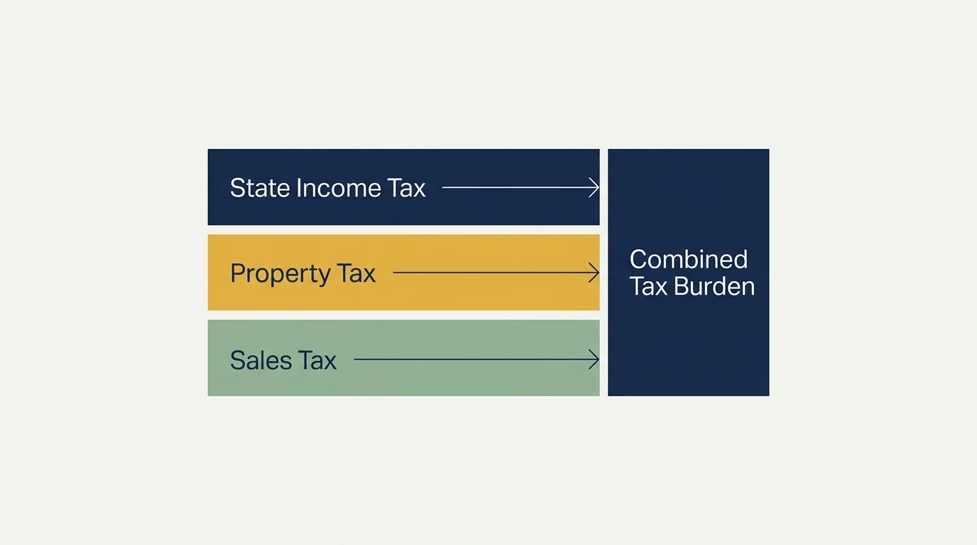 A minimalist diagram showing how state income tax, property tax, and sales tax merge to form the combined tax burden.