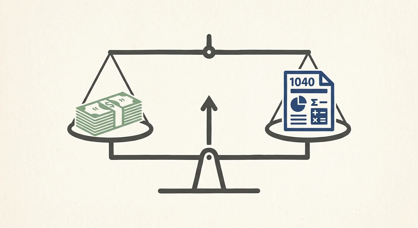 A minimalist graphic illustration of a balance scale weighing a stack of dollar bills against a blue tax form.