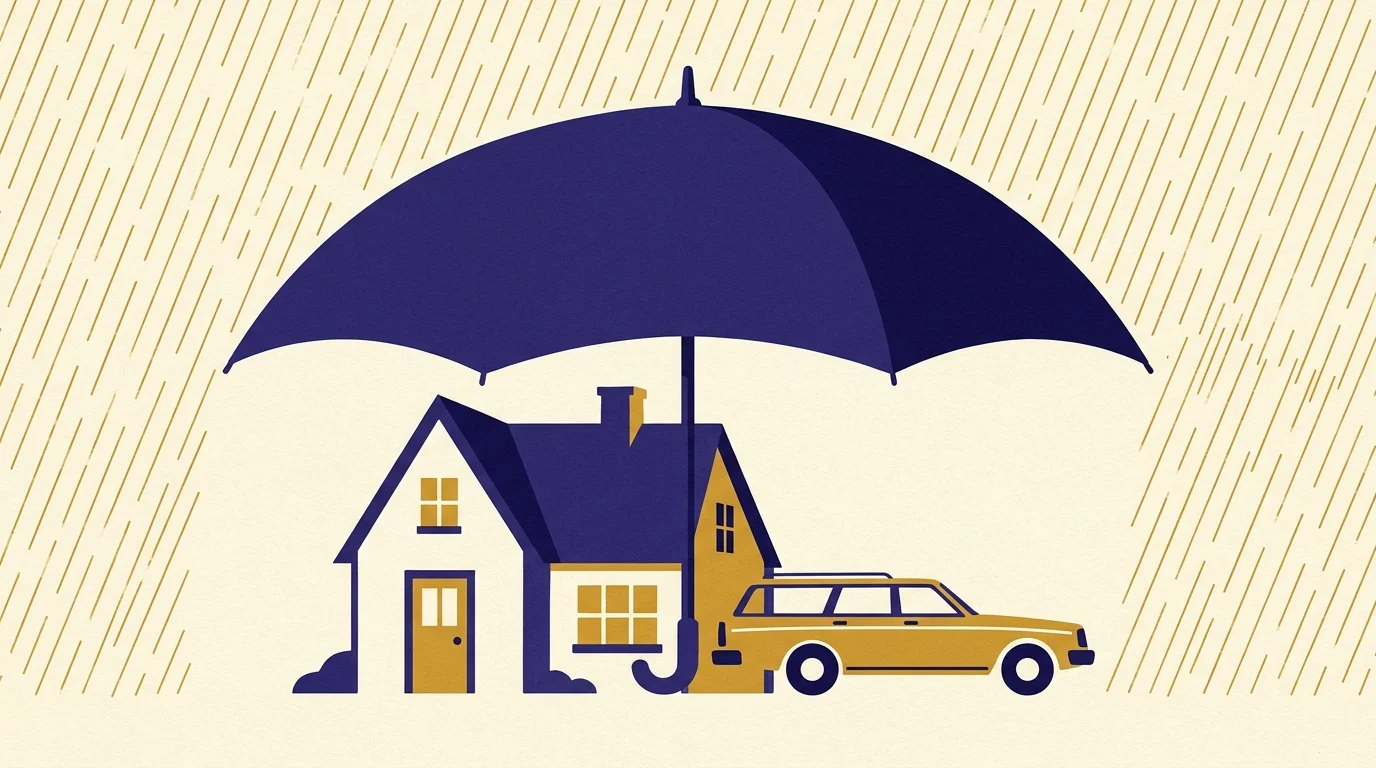 A minimalist screenprint of a house and a car sitting together under a protective, large blue umbrella.