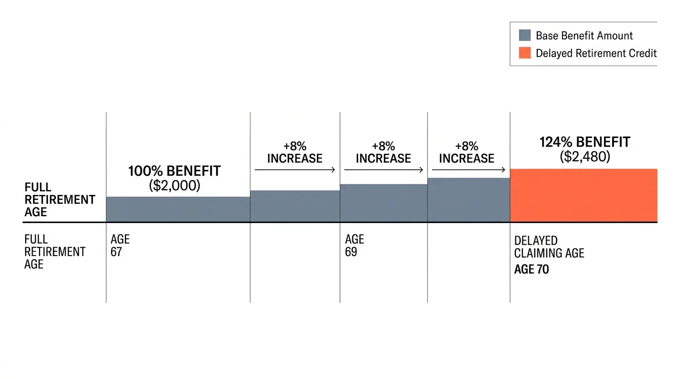 A minimalist timeline diagram showing benefits growing from 100% at age 67 to 124% at age 70 with an 8% annual increase.