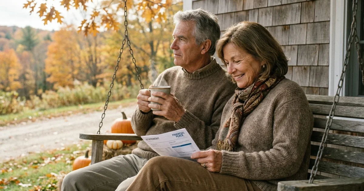 A retired couple sits on a sunlit New England porch in autumn, relaxed and smiling while looking over financial paperwork together.