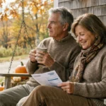 A retired couple sits on a sunlit New England porch in autumn, relaxed and smiling while looking over financial paperwork together.