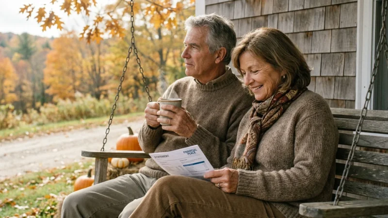 A retired couple sits on a sunlit New England porch in autumn, relaxed and smiling while looking over financial paperwork together.