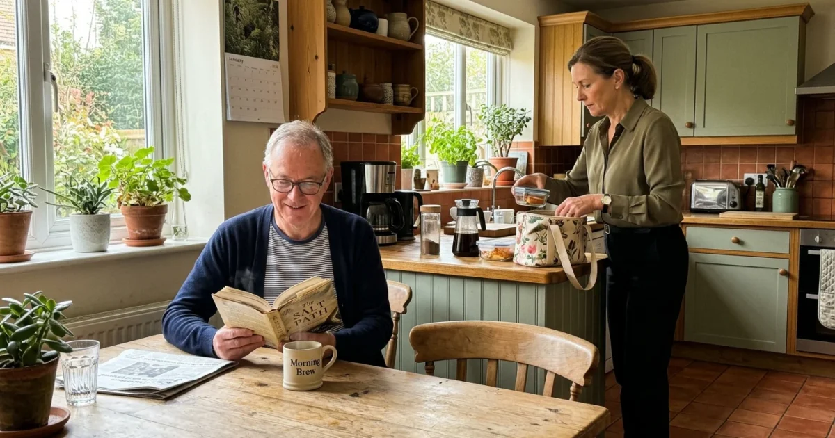 A retired husband sitting at a kitchen table while his working wife packs her bag for work in the background of their sunlit home.